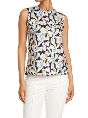 NEW Rebecca Taylor Floral Sleeveless Silk Blend Blouse in Black Combo Size 12